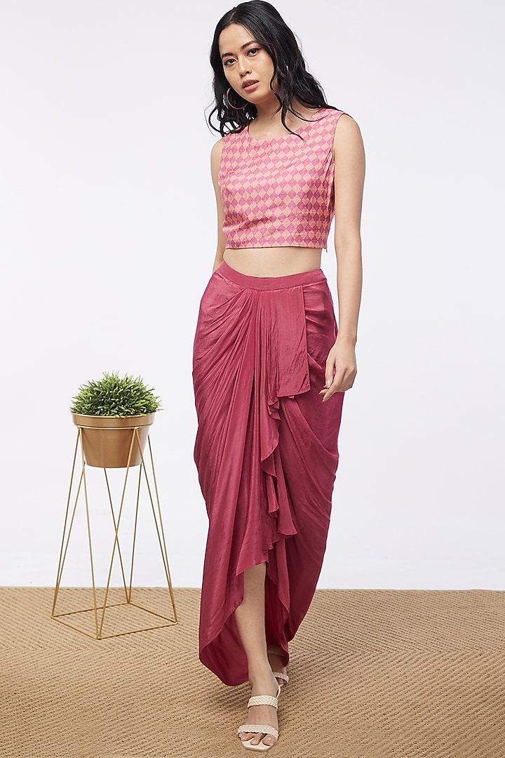 Pink Crepe Draped Skirt Set by Soup by Sougat Paul at Pernia's Pop Up Shop
