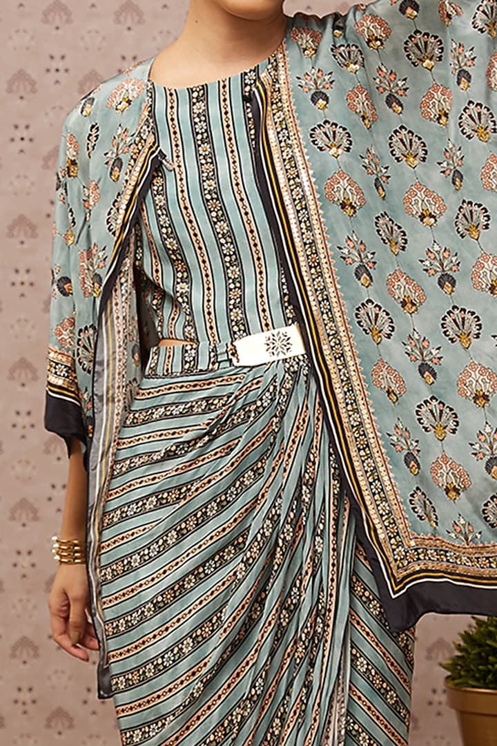 Blue Embroidered Vacation Dress With Cape by Soup by Sougat Paul at Pernia's Pop Up Shop