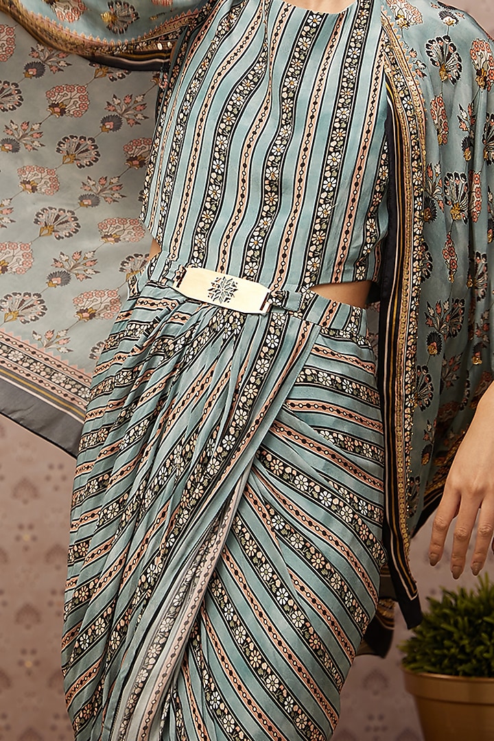 Blue Embroidered Vacation Dress With Cape by Soup by Sougat Paul at Pernia's Pop Up Shop