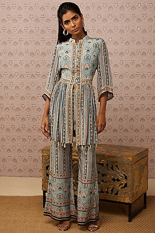 Blue Crepe Kurta Set by Soup by Sougat Paul