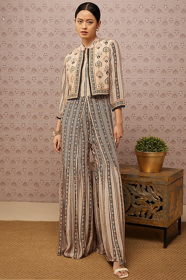 Beige Printed Jumpsuit With Jacket by Soup by Sougat Paul