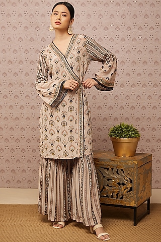 Beige Embroidered Angrakha Kurta Set by Soup by Sougat Paul