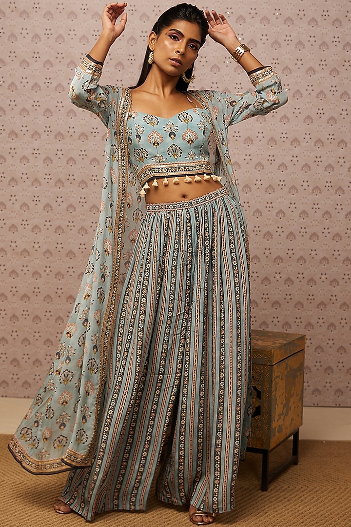 Blue Embroidered Jacket Set by Soup by Sougat Paul