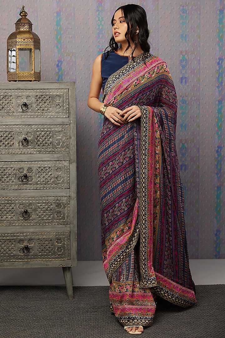 Navy Blue Printed Pre-Stitched Saree Set by Soup by Sougat Paul