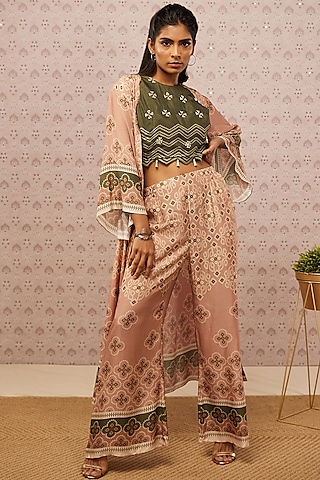 Peach Printed Jacket Set by Soup by Sougat Paul