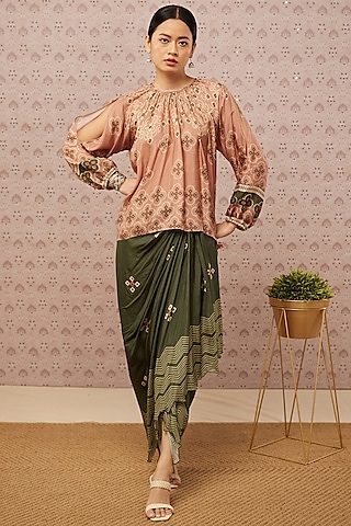 Pink Printed Draped Skirt Set by Soup by Sougat Paul