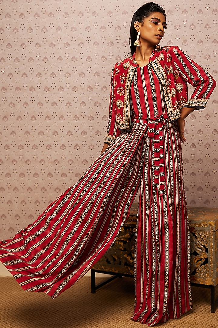 Red Crepe Embroidered Jacket Set by Soup by Sougat Paul