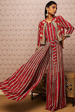 Red Crepe Embroidered Jacket Set by Soup by Sougat Paul