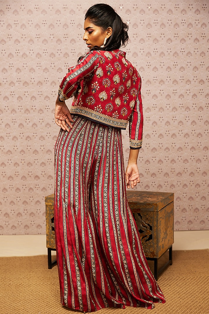 Red Crepe Embroidered Jacket Set by Soup by Sougat Paul at Pernia's Pop Up Shop