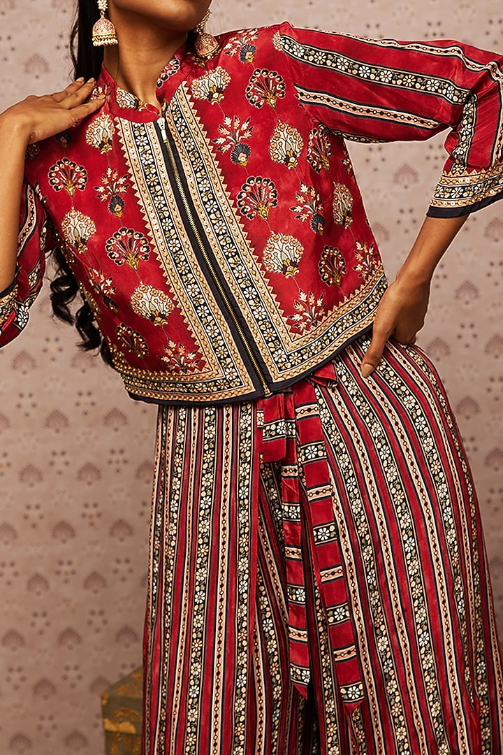 Red Crepe Embroidered Jacket Set by Soup by Sougat Paul at Pernia's Pop Up Shop