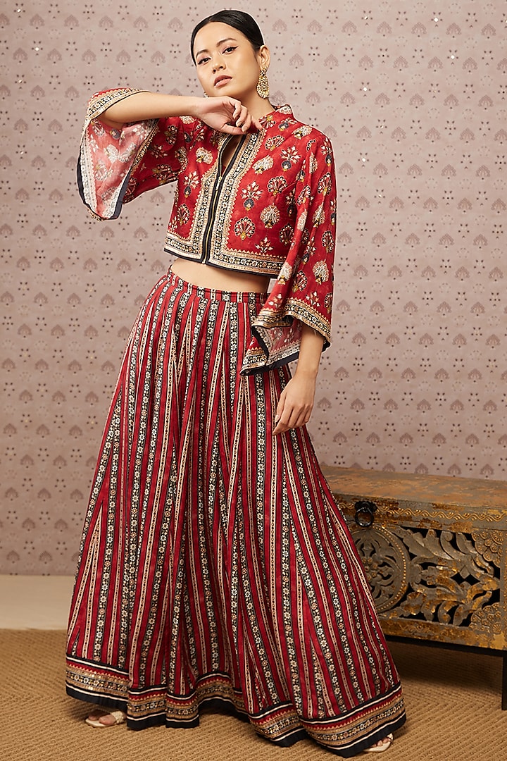 Red Embroidered Jacket Lehenga Set by Soup by Sougat Paul