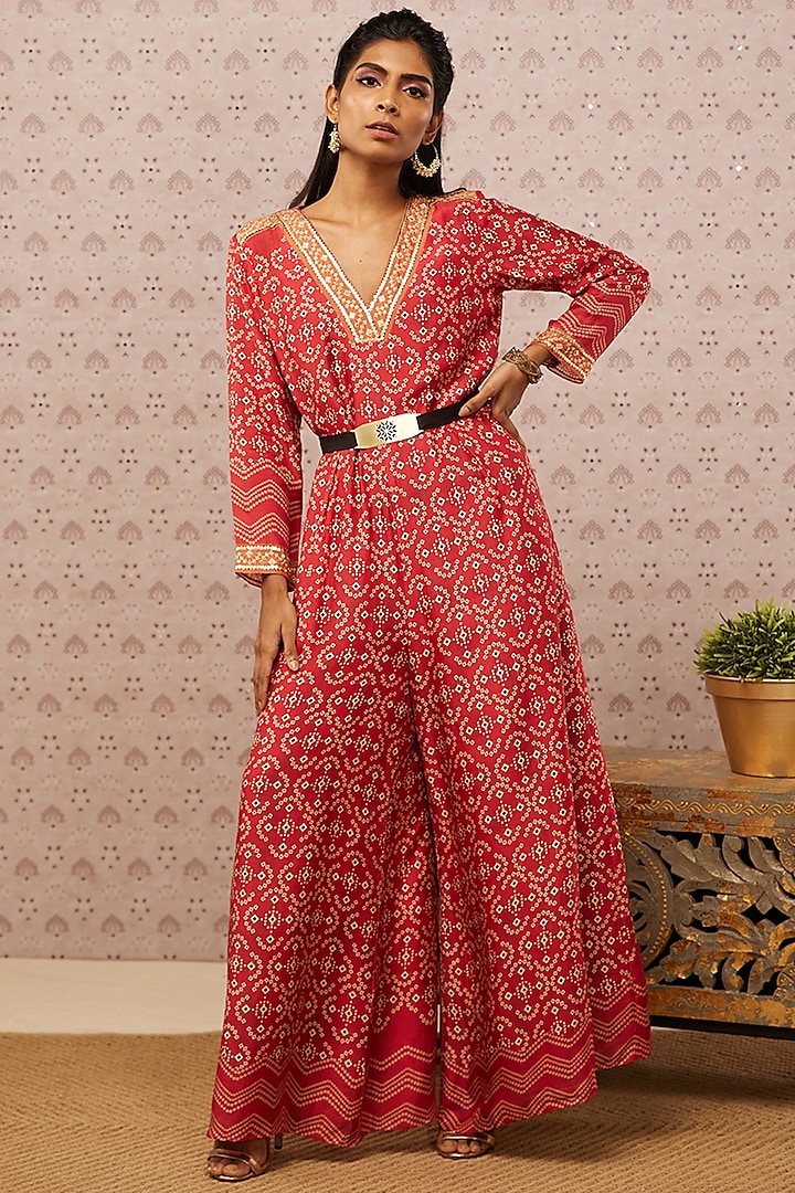 Red Printed Jumpsuit With Belt by Soup by Sougat Paul