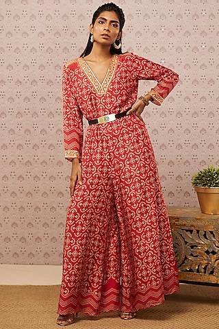 Red Printed Jumpsuit With Belt by Soup by Sougat Paul