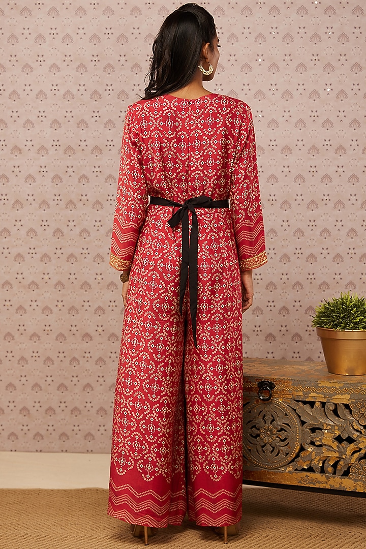 Red Printed Jumpsuit With Belt by Soup by Sougat Paul at Pernia's Pop Up Shop