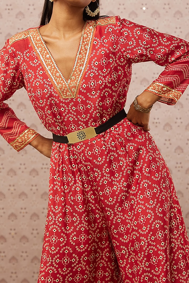 Red Printed Jumpsuit With Belt by Soup by Sougat Paul at Pernia's Pop Up Shop