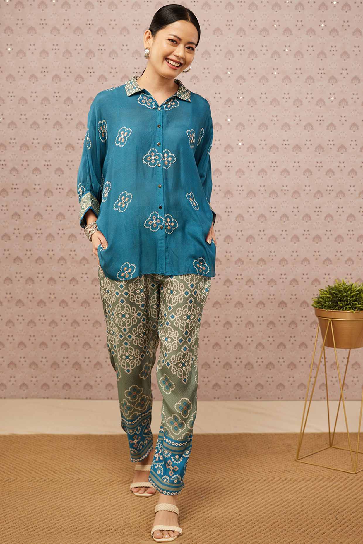 Teal Printed Co-Ord Set by Soup by Sougat Paul at Pernia's Pop Up Shop