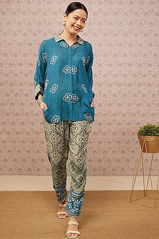 Teal Printed Co-Ord Set by Soup by Sougat Paul