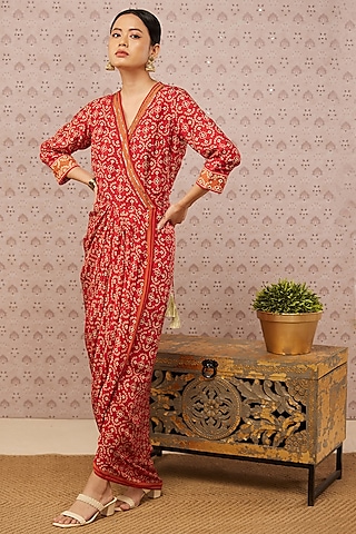 Red Printed Draped Dress by Soup by Sougat Paul
