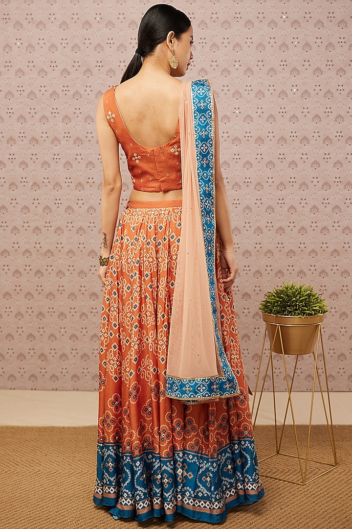 Rust Printed Jacket Lehenga Set by Soup by Sougat Paul at Pernia's Pop Up Shop