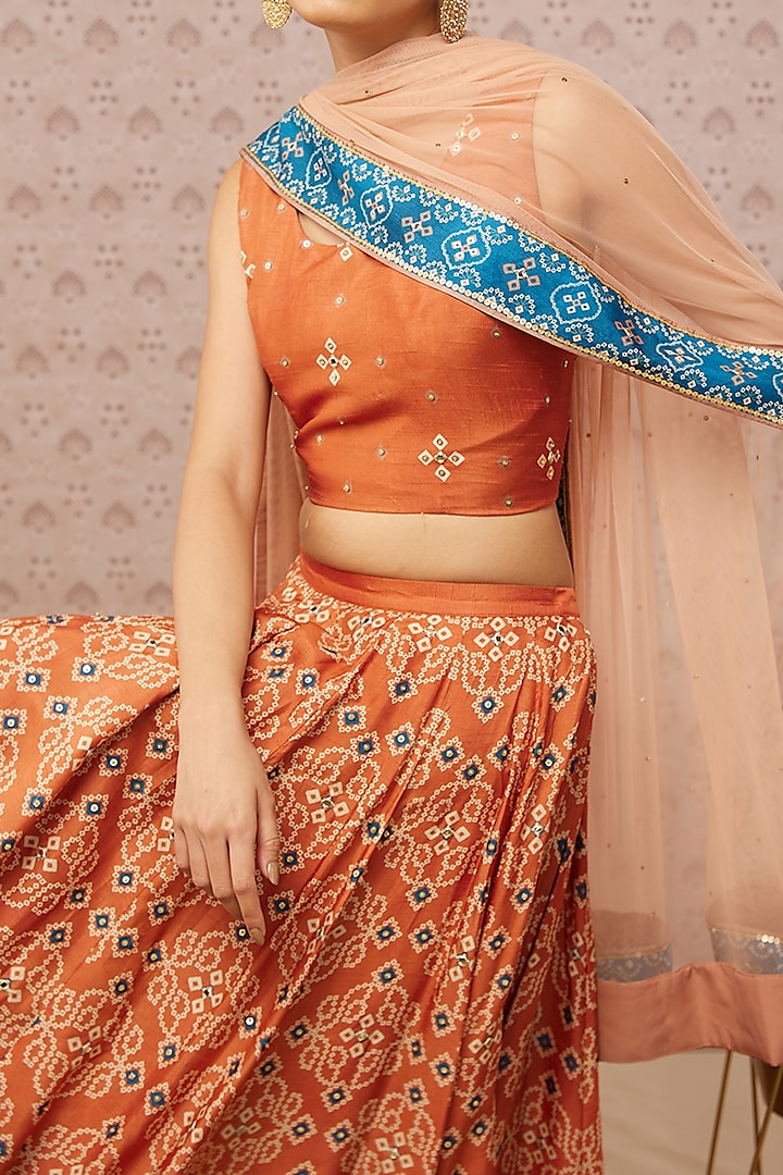 Rust Printed Jacket Lehenga Set by Soup by Sougat Paul at Pernia's Pop Up Shop