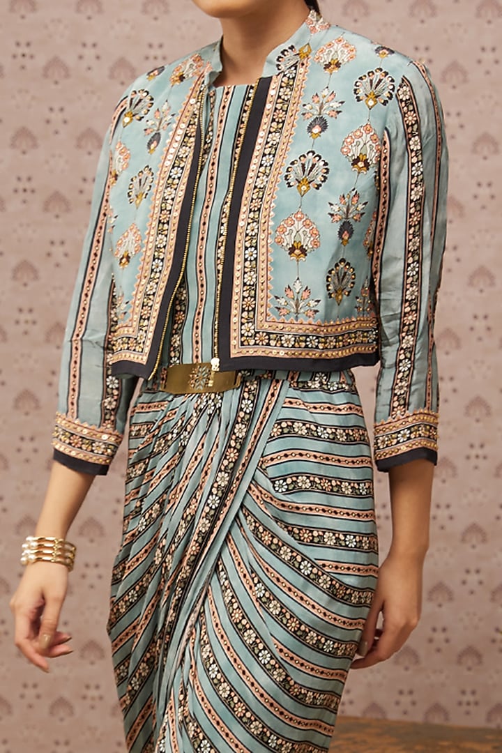 Blue Printed Jacket Set by Soup by Sougat Paul at Pernia's Pop Up Shop