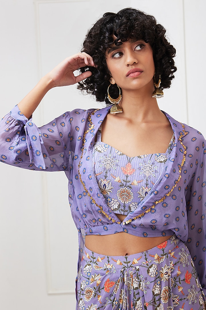 Purple Crepe Draped Skirt Set by Soup by Sougat Paul at Pernia's Pop Up Shop