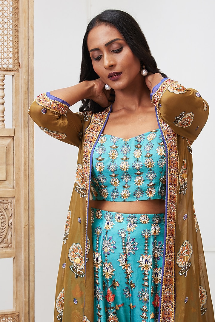 Brown Organza Embroidered Jacket Set by Soup by Sougat Paul at Pernia's Pop Up Shop