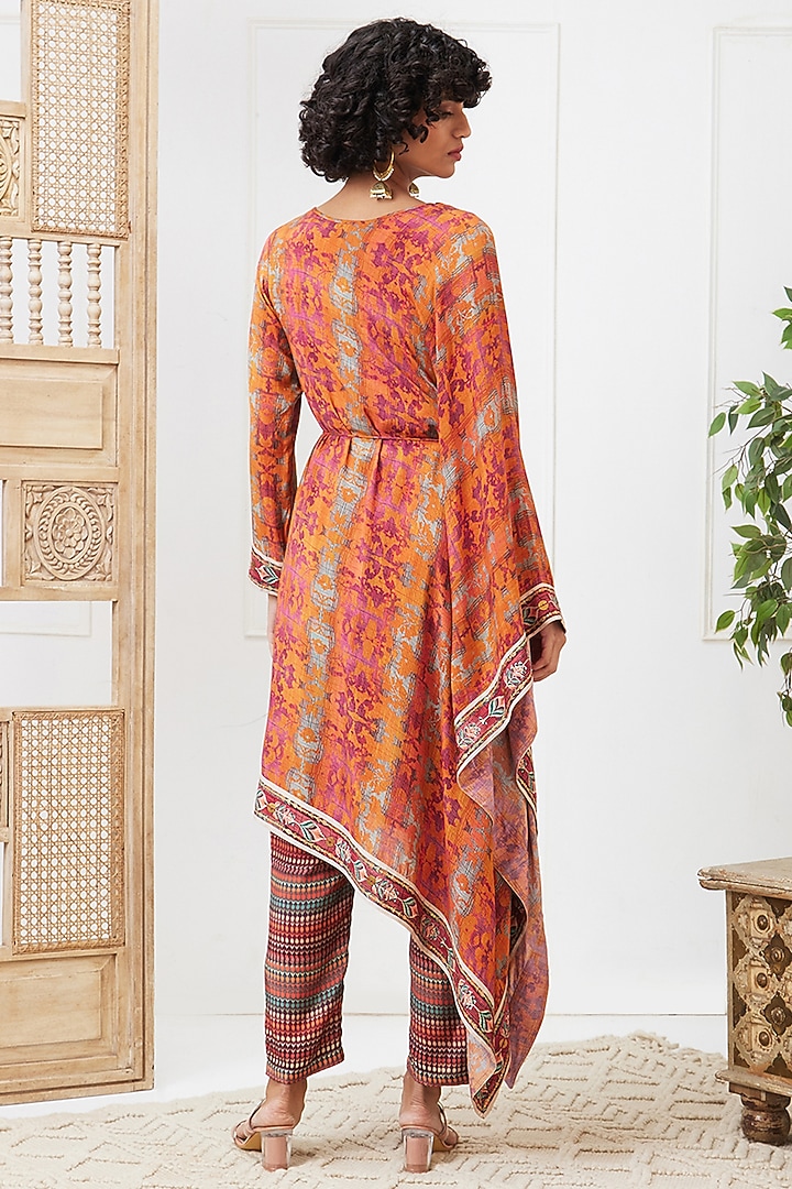Orange Cotton Silk Printed Asymmetrical Kurta Set by Soup by Sougat Paul at Pernia's Pop Up Shop
