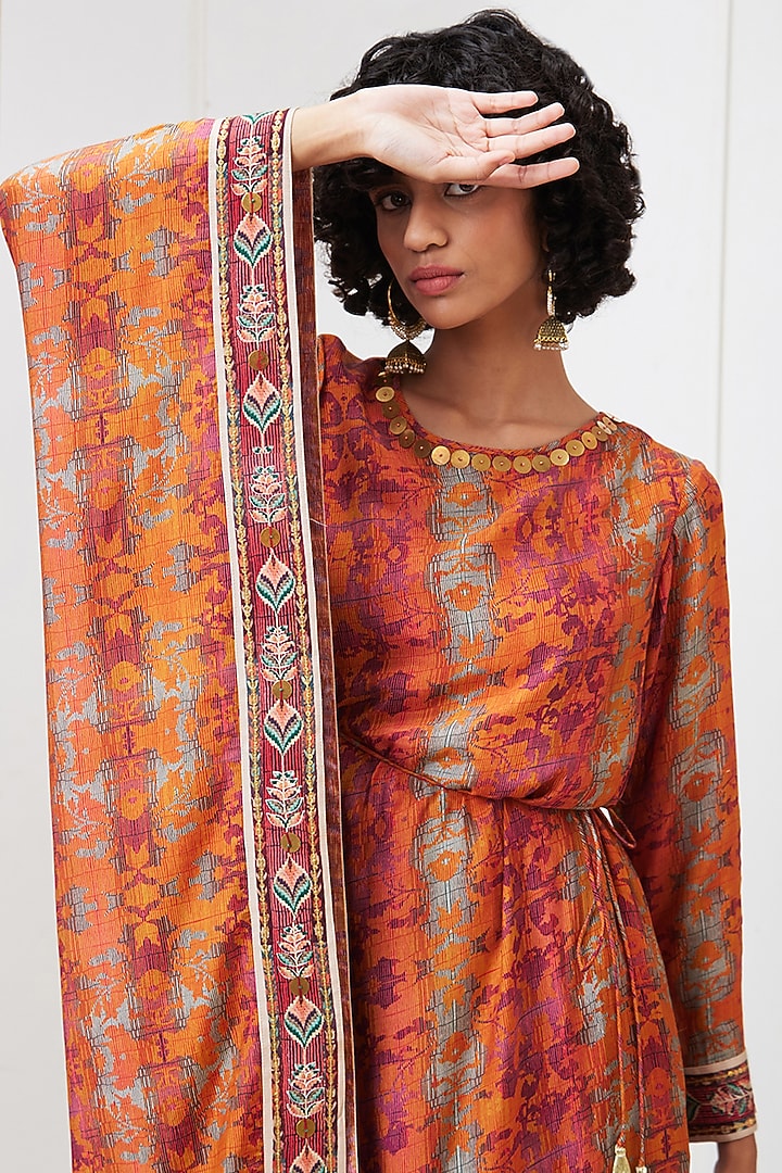 Orange Cotton Silk Printed Asymmetrical Kurta Set by Soup by Sougat Paul at Pernia's Pop Up Shop