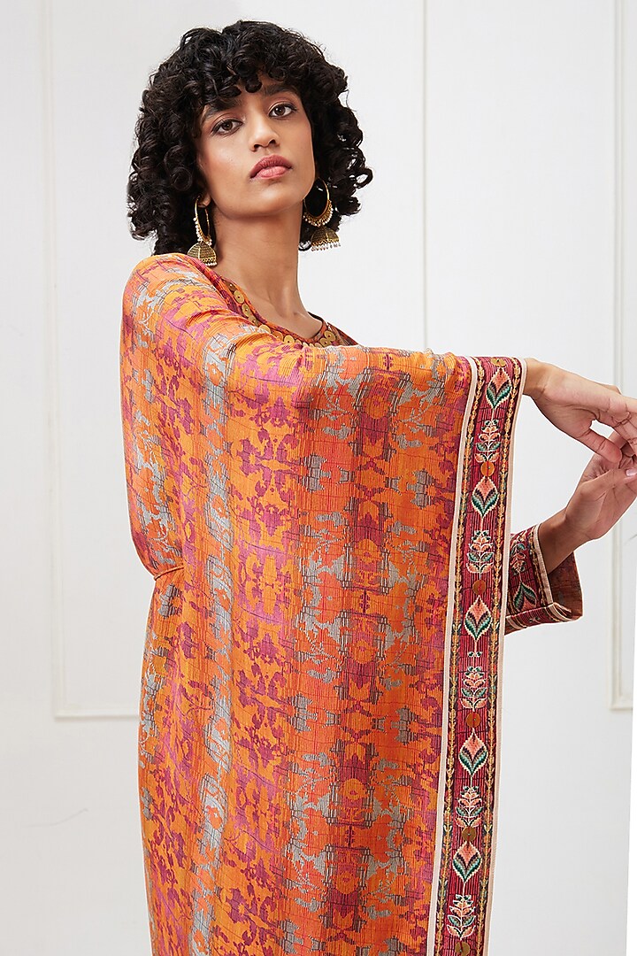 Orange Cotton Silk Printed Asymmetrical Kurta Set by Soup by Sougat Paul at Pernia's Pop Up Shop