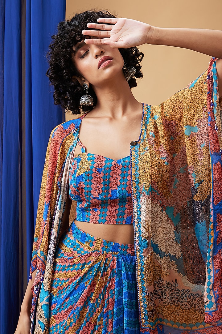 Multi-Colored Flat Chiffon Embroidered Cape Set by Soup by Sougat Paul at Pernia's Pop Up Shop