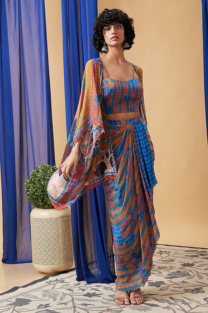 Multi-Colored Flat Chiffon Embroidered Cape Set by Soup by Sougat Paul at Pernia's Pop Up Shop