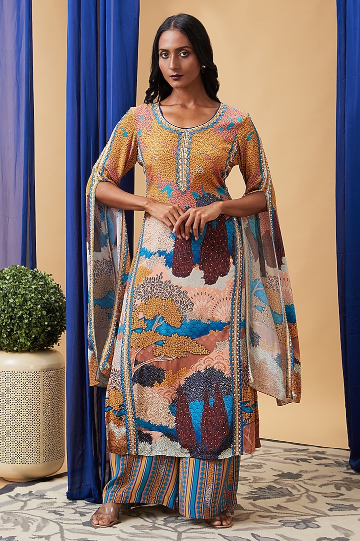 Multi-Colored Crepe Embroidered Kurta Set by Soup by Sougat Paul