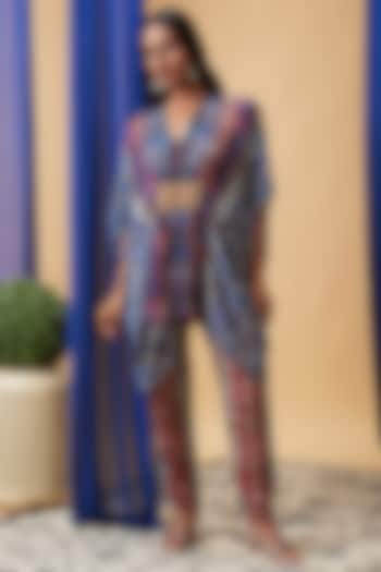 Maroon & Blue Chiffon Embroidered Kaftan Set by Soup by Sougat Paul at Pernia's Pop Up Shop