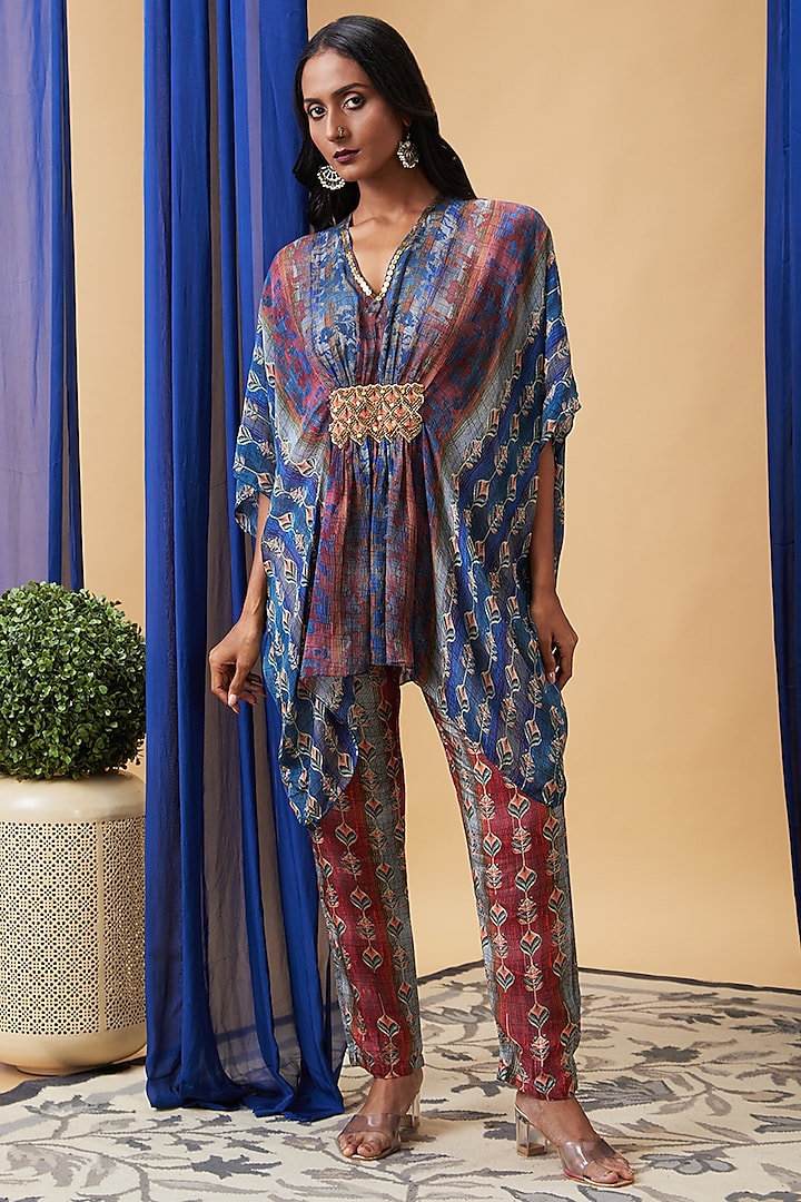 Maroon & Blue Chiffon Embroidered Kaftan Set by Soup by Sougat Paul at Pernia's Pop Up Shop
