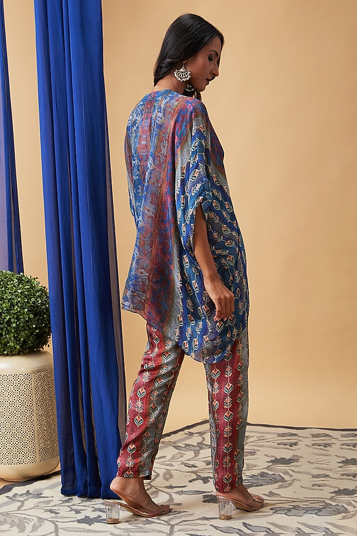 Maroon & Blue Chiffon Embroidered Kaftan Set by Soup by Sougat Paul at Pernia's Pop Up Shop