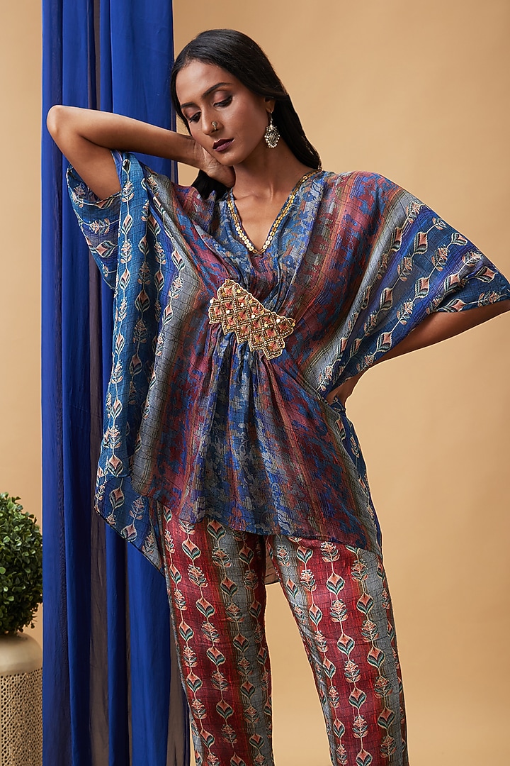 Maroon & Blue Chiffon Embroidered Kaftan Set by Soup by Sougat Paul at Pernia's Pop Up Shop