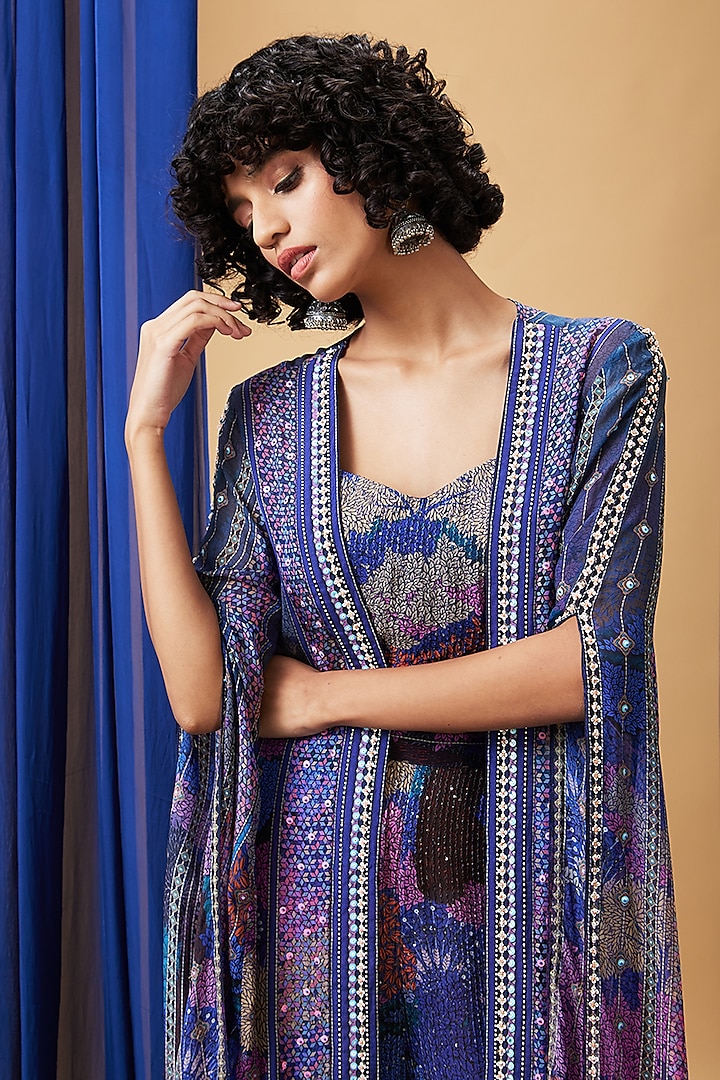 Blue Sequins & Flat Chiffon Co-Ord Set by Soup by Sougat Paul at Pernia's Pop Up Shop