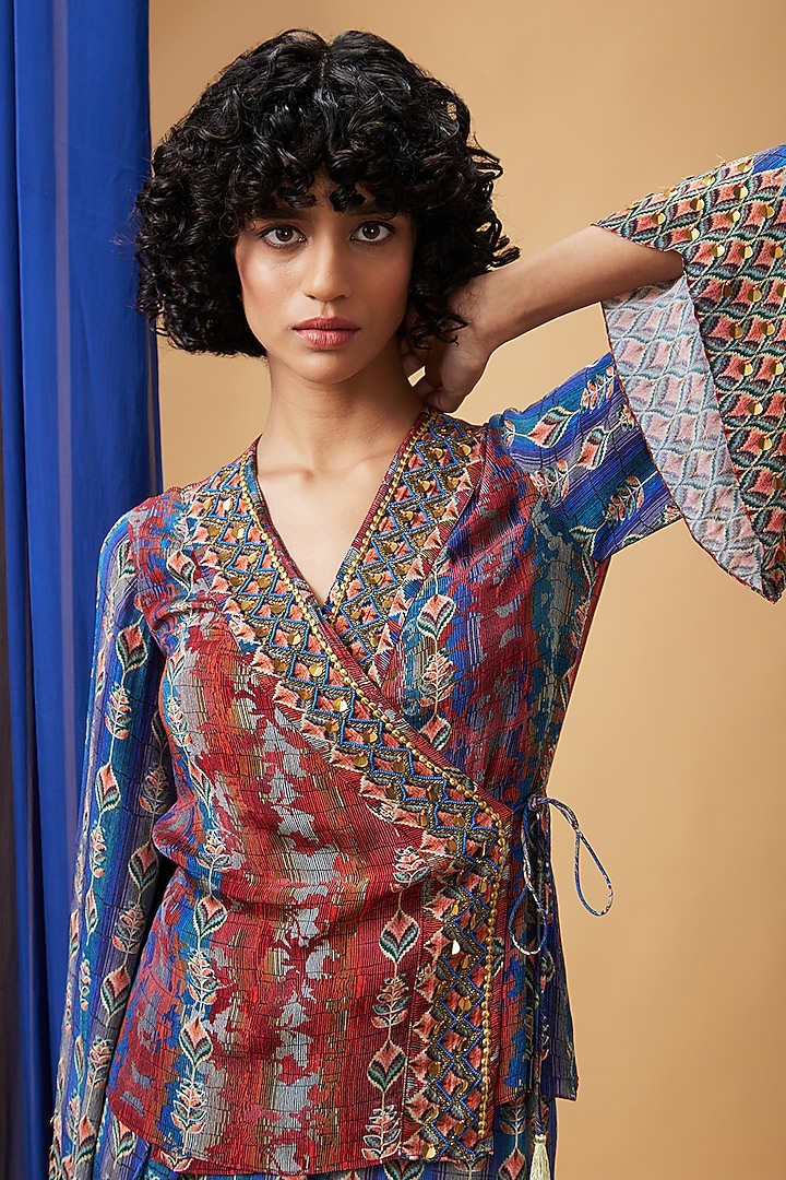 Maroon & Blue Crepe Embroidered Co-Ord Set by Soup by Sougat Paul at Pernia's Pop Up Shop