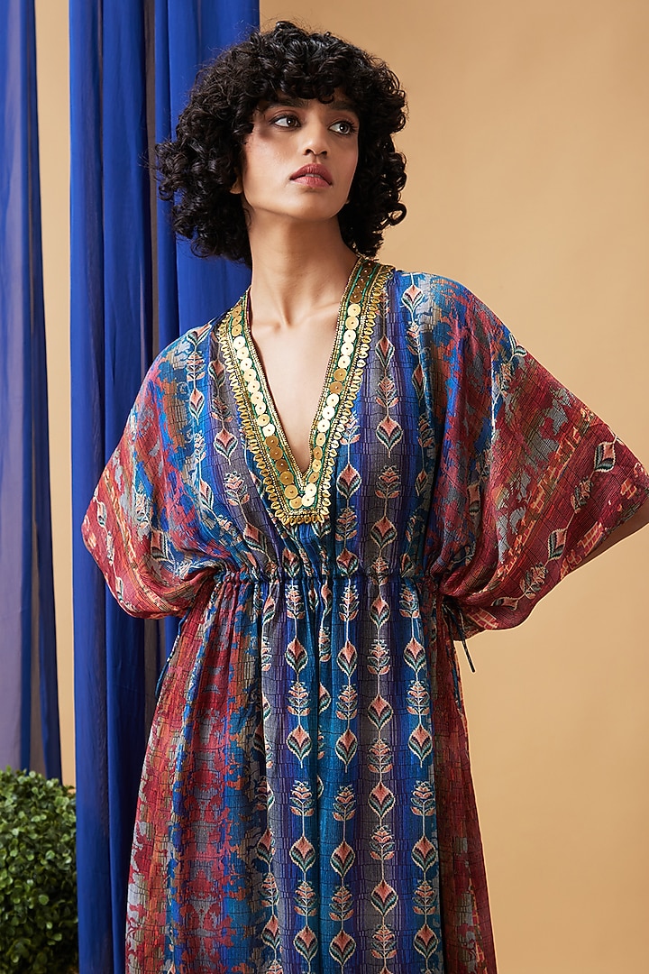 Blue Flat Chiffon Embroidered Maxi Summer Dress by Soup by Sougat Paul at Pernia's Pop Up Shop