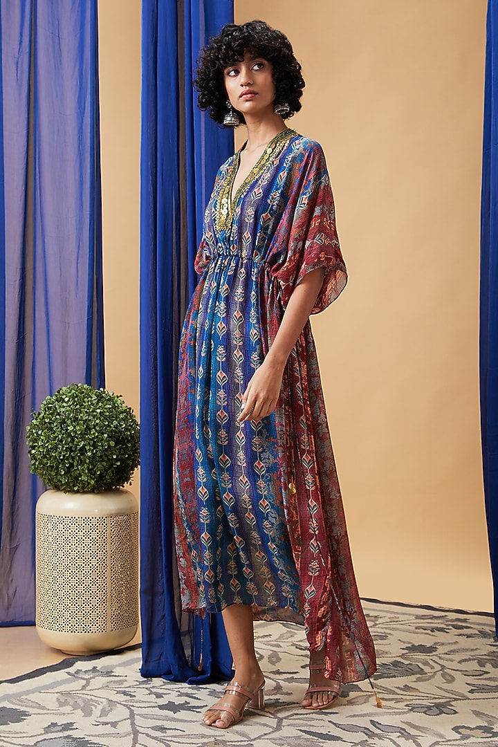 Blue Flat Chiffon Embroidered Maxi Summer Dress by Soup by Sougat Paul at Pernia's Pop Up Shop