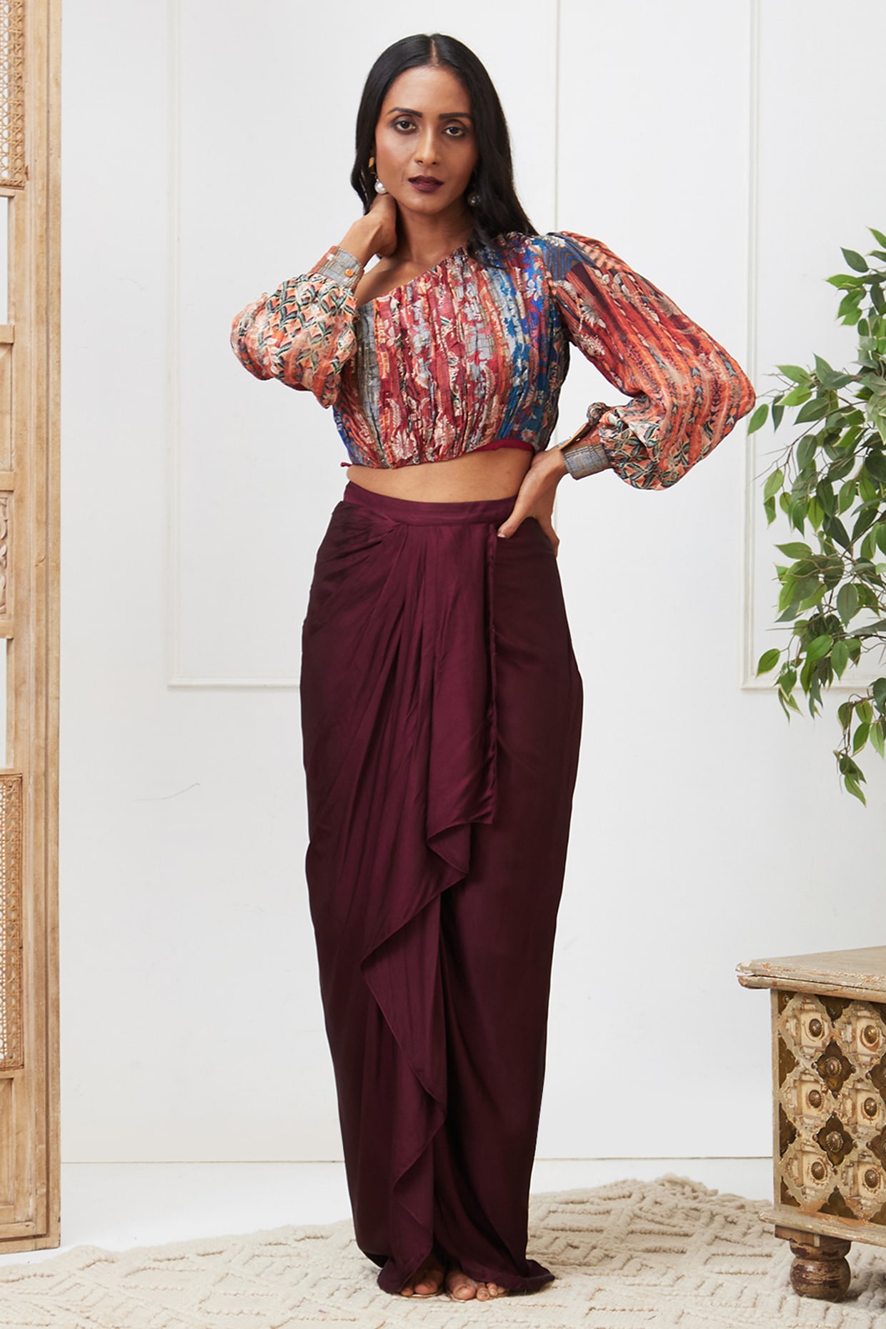 Maroon Crepe Draped Skirt Set by Soup by Sougat Paul at Pernia s Pop Up Shop 2024