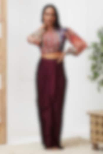 Maroon Crepe Draped Skirt Set by Soup by Sougat Paul at Pernia's Pop Up Shop