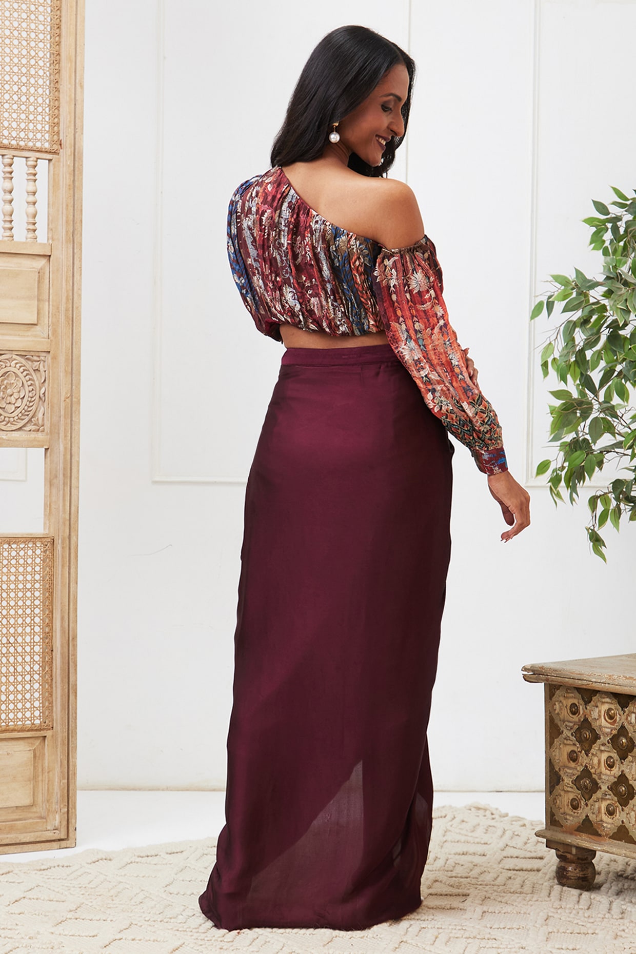 Raabta maroon off shoulder best sale top with printed straps