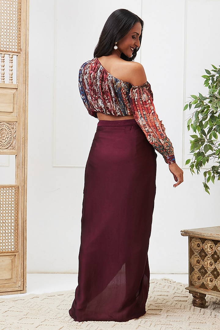 Maroon Crepe Draped Skirt Set by Soup by Sougat Paul at Pernia's Pop Up Shop