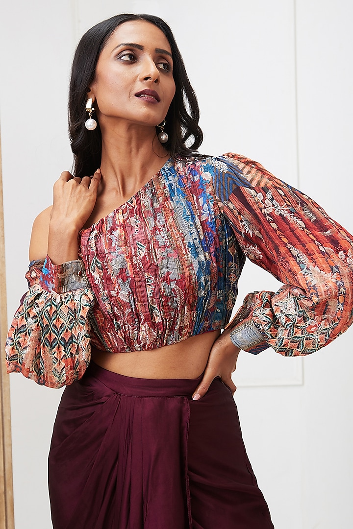 Maroon Crepe Draped Skirt Set by Soup by Sougat Paul at Pernia's Pop Up Shop