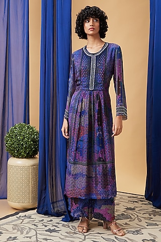 Blue Flat Chiffon Embroidered Kurta Set by Soup by Sougat Paul