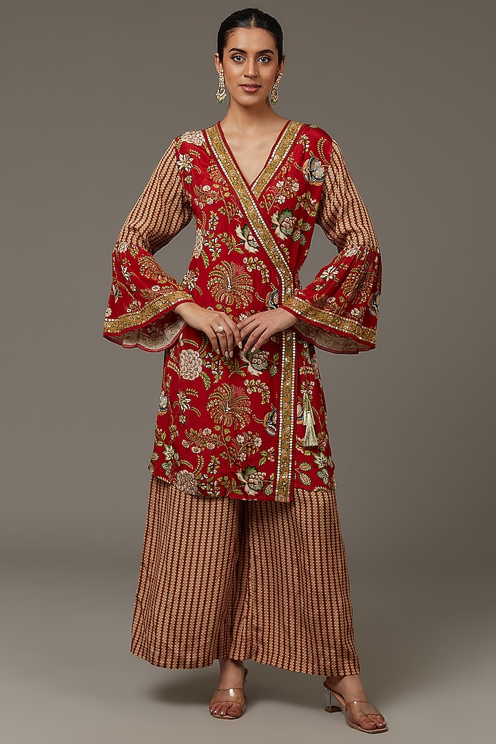 Red Crepe Sequins & Zari Embroidered Kurta Set by Soup by Sougat Paul