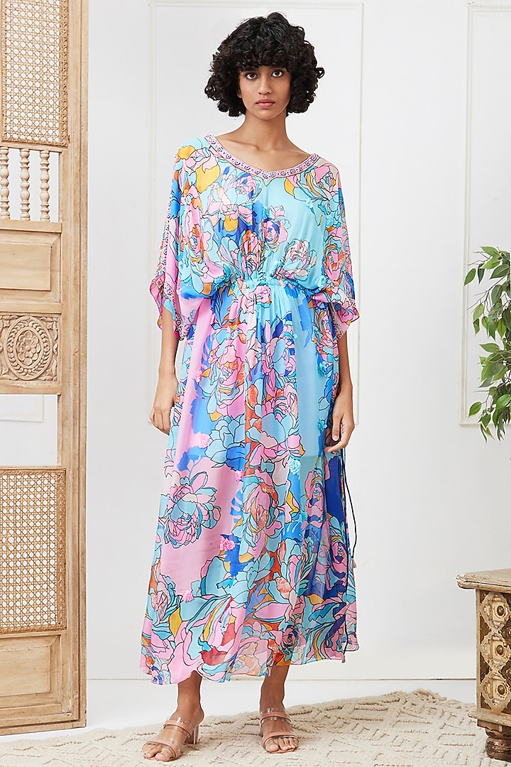 Blue Flat Chiffon Embroidered Dress by Soup by Sougat Paul at Pernia's Pop Up Shop