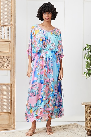 Blue Flat Chiffon Embroidered Dress by Soup by Sougat Paul